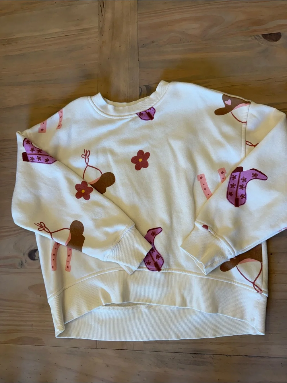 Old Navy Cream Crewneck Sweater with Pink & Brown Western Floral Motif